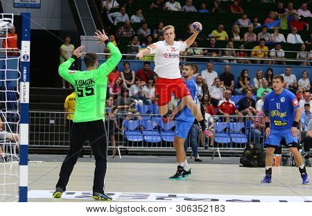 Kyiv, Ukraine - June 12, 2019: Johan A Plogv Hansen Of Denmark Attacks During The Ehf Euro 2020 Qual