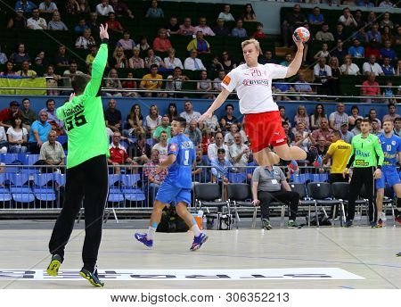 Kyiv, Ukraine - June 12, 2019: Johan A Plogv Hansen Of Denmark Attacks During The Ehf Euro 2020 Qual