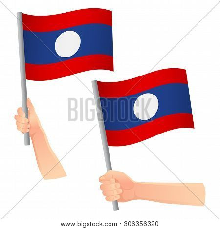 Laos Flag In Hand. Patriotic Background. National Flag Of Laos Vector Illustration