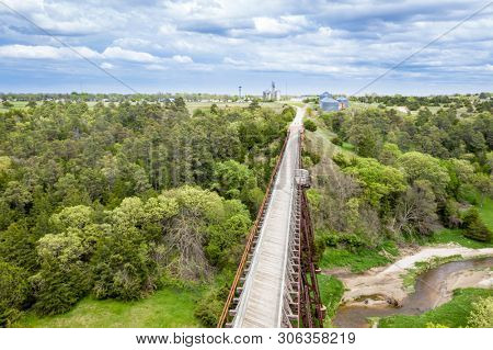 multi-use recreational Cowboy Trail in northern Nebraska - aerial view of a long trestle over Long Pine Creek