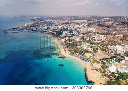 Top View Of The City Of Cyprus And The City Of Ayia Napa. Air View Of The Resort Mediterranean Coast