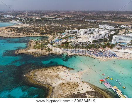 Top View Of The City Of Cyprus And The City Of Ayia Napa. Air View Of The Resort Mediterranean Coast