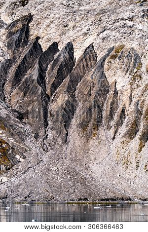 Abstract Nature Scenery With Rocky Mountain Natural Pattern Designs, Water Reflections And Small Pie