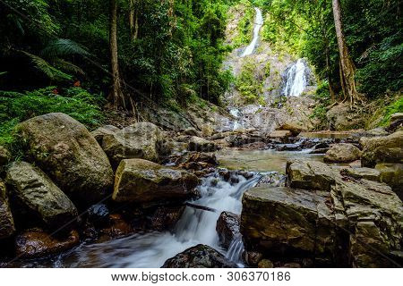 Landscape Nature Forest Hill Waterfall. Travel Nature. Travel Relax. Huai Toh Waterfall At Krabi. Tr