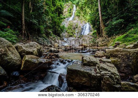 Landscape Nature Forest Hill Waterfall. Travel Nature. Travel Relax. Huai Toh Waterfall At Krabi. Tr
