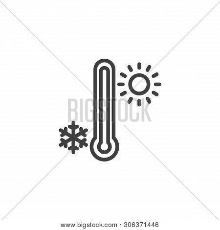 Thermometer With Sunny And Freezy Weather Line Icon. Linear Style Sign For Mobile Concept And Web De