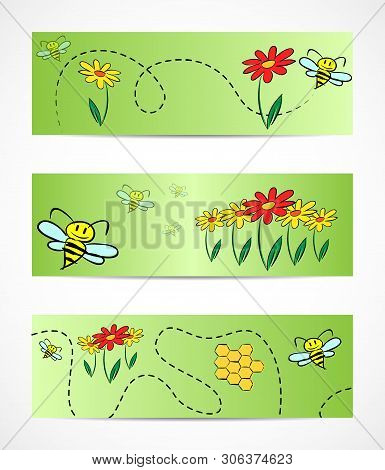 Set Of Colorful Banner Designs With Cartoon Bees