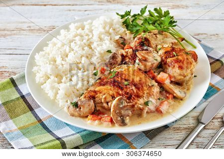 Chicken Fricassee On A Plate With Rice - Chicken Meat Browned And Stewed In White Wine Cream Sauce W