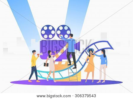 Camera Crew Preparing For Film. Camera, Scenario, Actors. Filmmaking Concept. Vector Illustration Fo