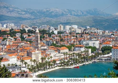 Old Town Of Split In Dalmatia, Croatia. Panoramic View Of City Center, Palace Of Roman Emperor Diocl