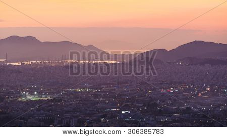 Athens, Greece - February 1, 2019: View Of Athens And Piraeus From Lycabettus Hill At Sunset, Greece