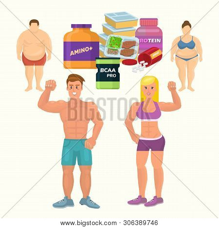 Flat Style Colorful Cartoon Illustration Of Fat Man And Woman Before And Bodybuilder Man And Athleti