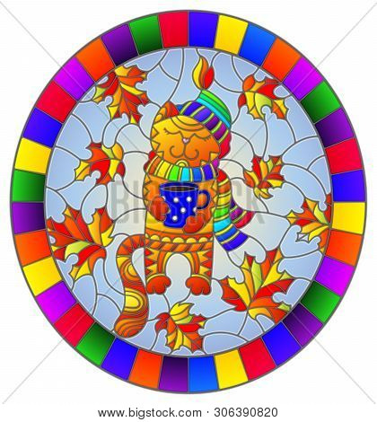 Illustration In Stained Glass Style With A Funny Cat In The Hat , The Scarf And A Mug Of Tea On The 