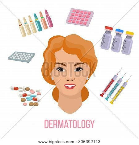 Vector Illustrated Set With Cosmetology Micro Needle Mesotherapy And Medical Treatment For Face Skin