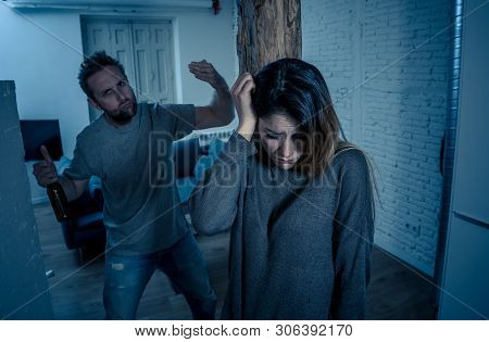 Woman Victim Of Domestic Violence And Abuse. Husband Intimidating His Wife