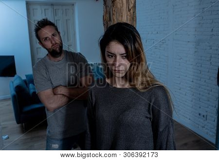Abuser Husband Intimidating And Beating His Wife Illustrating Domestic Violence