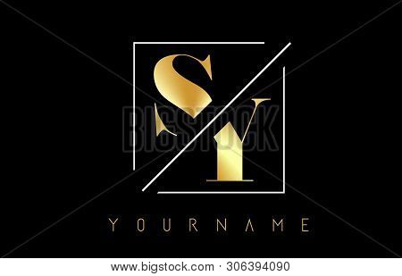 Sy Golden Letter Logo With Cutted And Intersected Design And Square Frame Vector Illustration