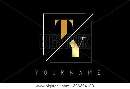 Ty Golden Letter Logo With Cutted And Intersected Design And Square Frame Vector Illustration