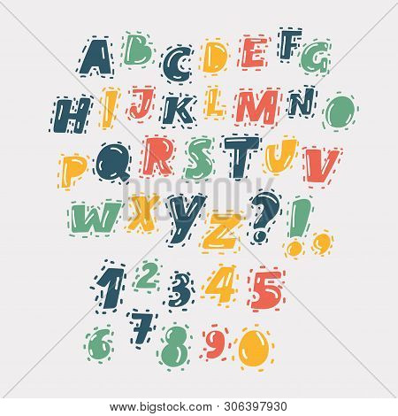 Vector Cartoon Illustration Of Hand Drawn Abc Upper Case English Letters Set And Numbers On White. D