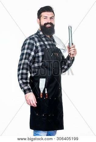 Tools For Roasting Meat Outdoors. Picnic And Barbecue. Cooking Meat In Park. Barbecue Master. Bearde