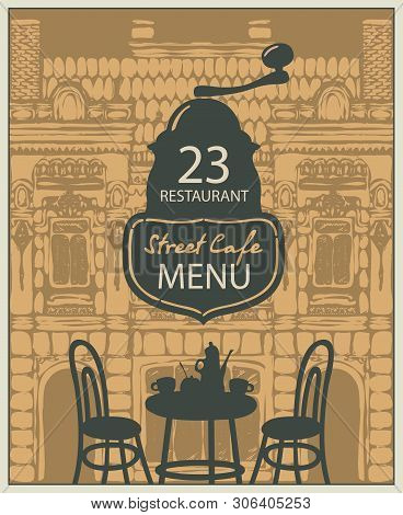Vector Menu For Street Cafe Or Restaurant With Table Set For Two, Chairs And Tea On The Background O