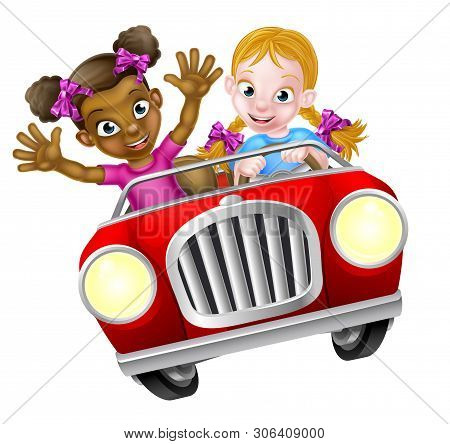 Two Cartoon Girls Having Fun Driving Fast In A Car