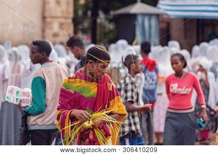 Bahir Dar, Ethiopia, April 21th. 2019, Orthodox Christian Pilgrim At Worship On The Street During Ea