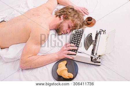 Workaholic Fall Asleep. Man With Typewriter Sleep. Exhausting Occupation. Man Sleepy Lay Bedclothes 