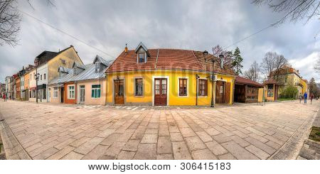 Panorama Of Njegoseva Street In The Old Town Of Cetinje With Small Colorful Houses, Montenegro (hdr 