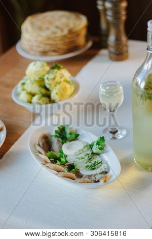Salty Herring On Restaurant Table - Nice Food.