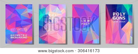Facet Triangles Futuristic Banners, Posters, Flyers Vector Graphic Design Set. Diamond Texture Polyg