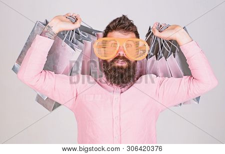 Shopping Addicted Consumer. How To Get Ready For Your Next Vacation. Man Bearded Hipster Wear Sungla