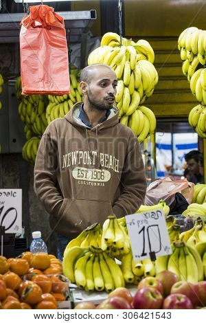 Tel Aviv , Israel - 21 November 2017: Sellers On The Old Grocery Street Nahalat-benjamin