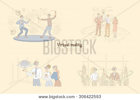 Virtual Reality In Daily Life, Man In Vr Glasses Training Martial Arts, Presentation On Ar Board, 3d