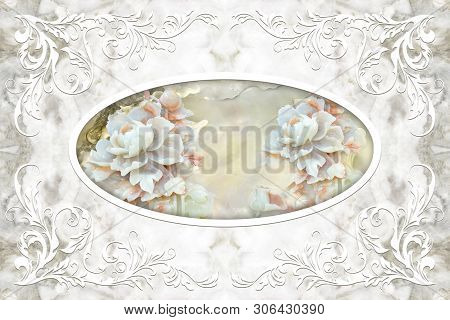 3d Ceiling Murals Wallpaper, White Decor Frame, Stone Roses In The Middle On Beige Marble Background