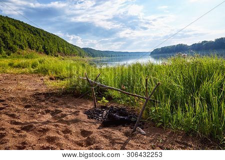 Beautiful Summer Landscape In Bashkiria. Fireplace On The Banks Of The White River Surrounded By A V