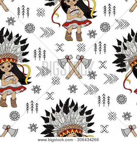 Tomahawk Girl Pocahontas Indian Princess American Native Folk Ethnic Culture Seamless Pattern Vector