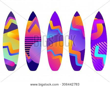 Surfboards On A White Background. Types Of Surfboards With A Pattern. Vector Illustration