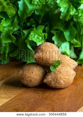 Arabic Meat Appetizer Kibbeh. Traditional Arabic Kibbeh With Lamb And Pine Nuts. Close Up.