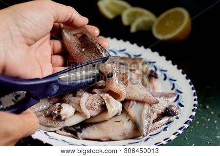 closeup of a caucasian man gutting some raw cuttlefishes with a pair of scissors, on a dark green table
