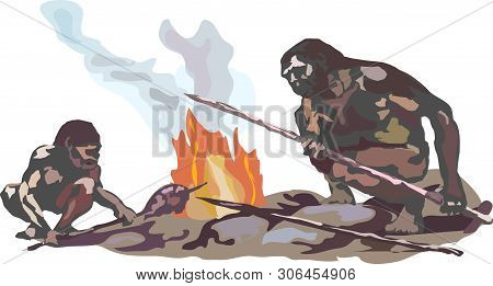 Two Neanderthals. Two Cavemen Are Sitting On Stones By The Smoking Fire Holding Spears In Their Hand