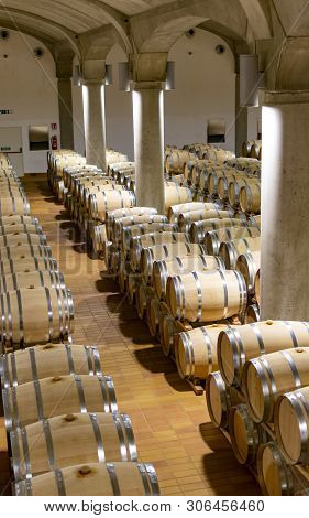 Big Wine Cellar With Old Oak Barrels, Production Of Red Dry Or Sweet Wine In Marsala, Sicily, Italy