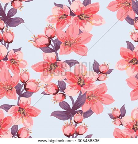 Pattern With Spring Branches.seamless Floral Pattern. Pink Flowers And Leaves On A Light Background.