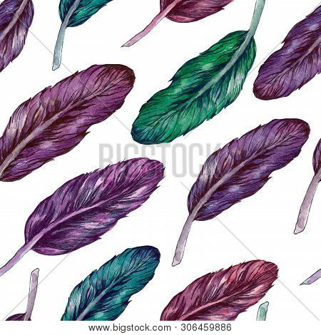 Hand Drawn Watercolor Paintings Vibrant Feather. Seamless Pattern.