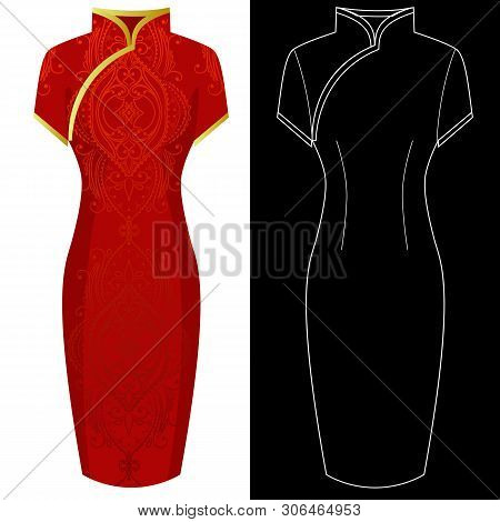Cheongsam Dress Image With White Outline Silhouette On Black