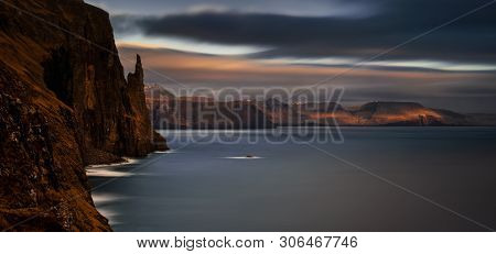 Panorama Of Witch Finger Rock And Cliffs In Sunset Light, Faroe Islands