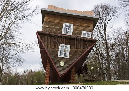 Dukora, Belarus - April 20, 2019: An Inverted House In The Village Of Dukora In Belarus