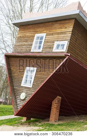 Dukora, Belarus - April 20, 2019: An Inverted House In The Village Of Dukora In Belarus