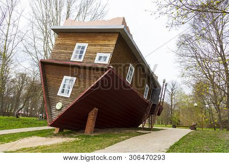 Dukora, Belarus - April 20, 2019: An Inverted House In The Village Of Dukora In Belarus