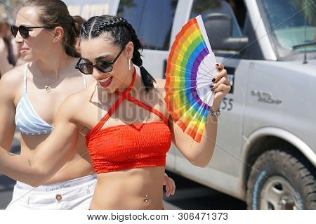 The Annual Parade Lgbt. Girls Lesbians Walking In The Gay Pride Parade. Parade Of Tolerance. Rainbow